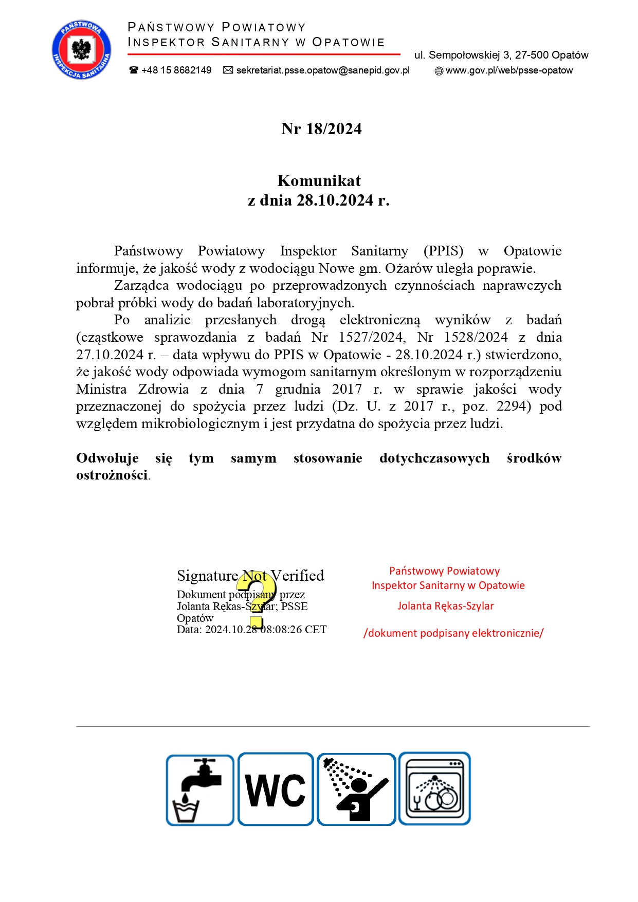 Komunikat o poprawie wody wodociąg m. NOWE